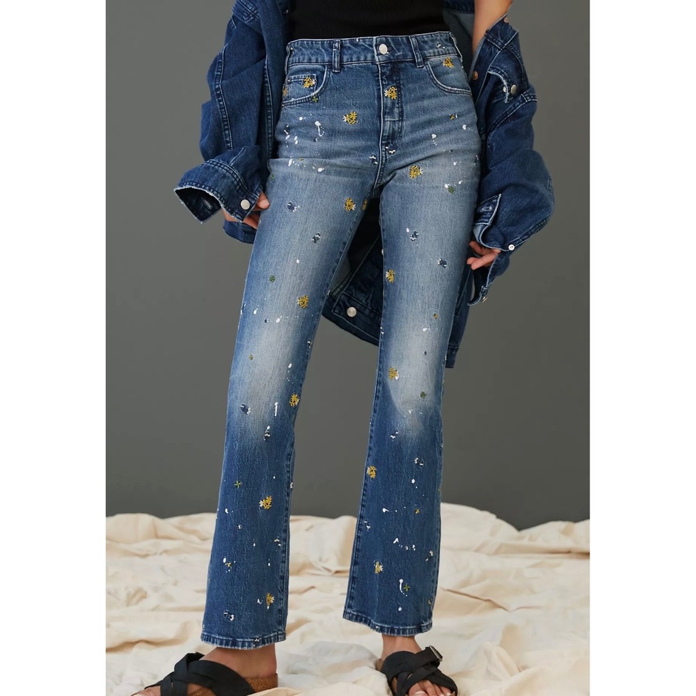 Pilcro The Icon Flare Jeans Womens 26 Embroidered Floral Paint Splatter Denim